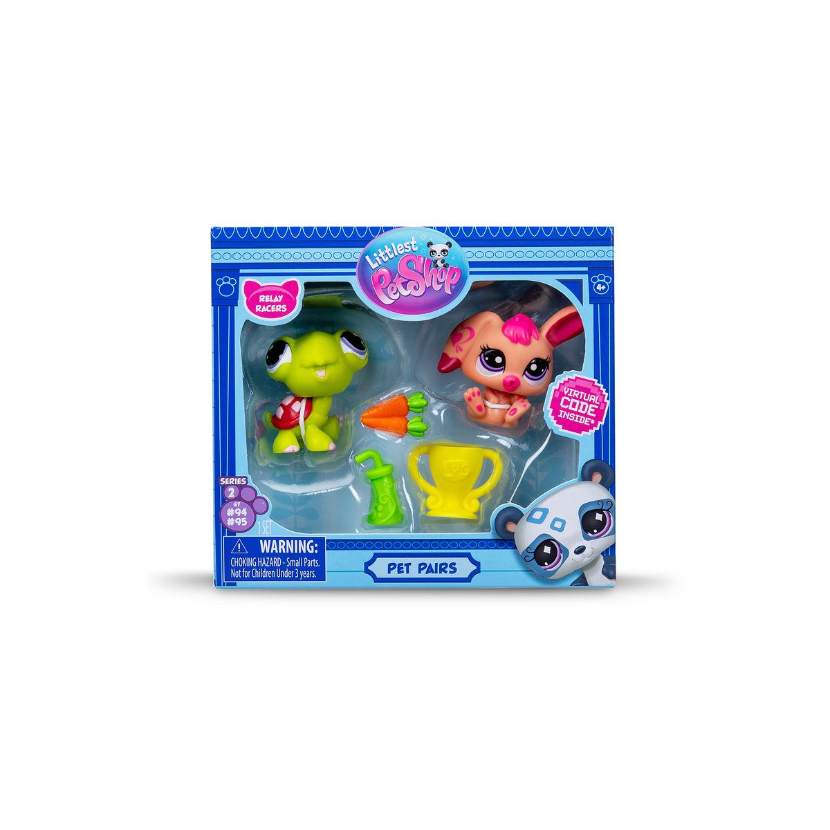 A Littlest Pet Shop "Pet Pairs" toy set in a blue box featuring a green turtle figure and a light orange rabbit figure. Accessories include a carrot, feeding bottle, and cup. The packaging includes labels and a warning.