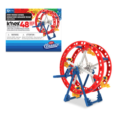 A construction toy set consisting of a mini Ferris wheel. The packaging highlights "K'Nex Classics" with 48 pieces to build the model. The assembled Ferris wheel is red with blue supports and white and yellow accents. Suitable for ages 5 and up.