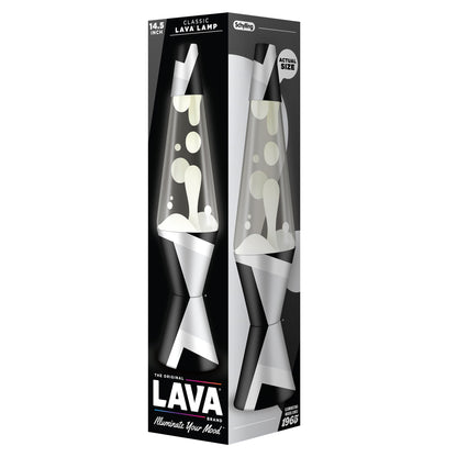 A box displaying a classic 14.5-inch Lava Lamp, featuring a black and white geometric pattern on the base and cap with white wax. Text on the box says "The Original Lava Brand - Illuminate Your Mood".
