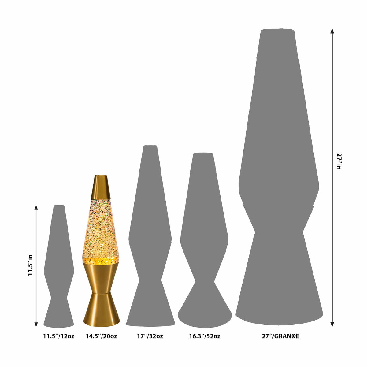 14.5” LAVA® Lamp Rainbow Glitter – Clear/Gold Size Comparison