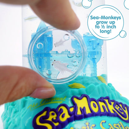 Fingers holding a small magnifying glass up to the aquarium. Two magnified Sea-Monkeys are visble. There is a callout in a circle that reads "Sea-Monkeys grow up to 1/2 inch long!"