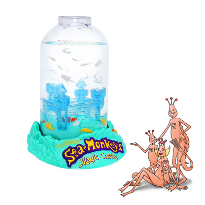 The aquarium is out of the package with Sea-Monkeys swimming in the water inside. A family of four illustrated Sea-Monkeys are in front of the product. They are illustrations from the 1970's.