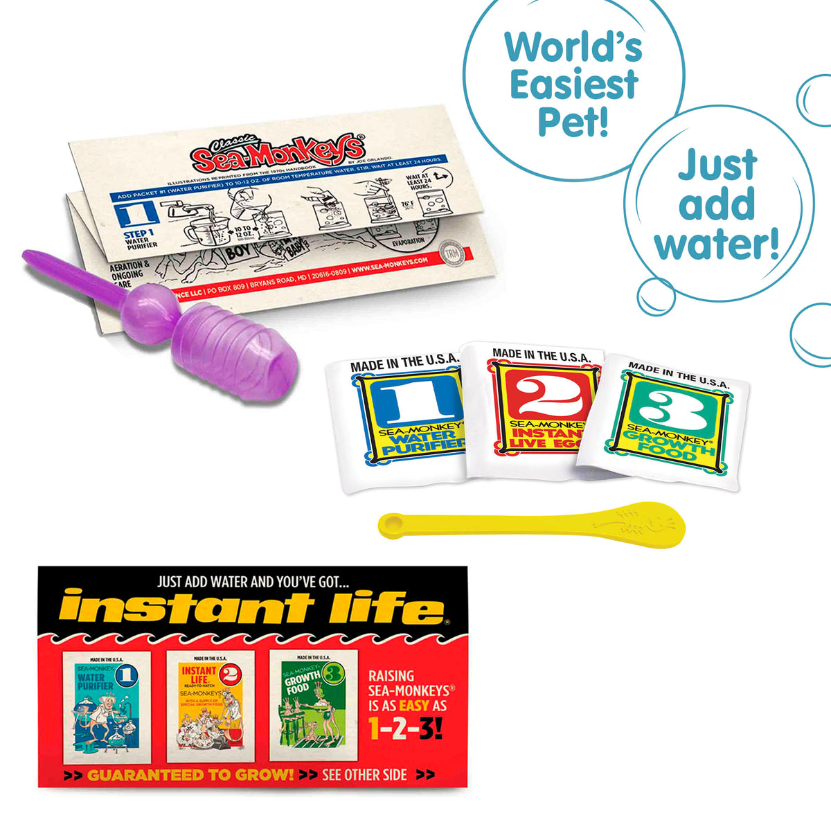 Three packets, numbered 1, 2, and 3 from left to right. There is a small yellow Sea-Monkeys spoon laying in front of the packets. There is a purple pipette and folded instruction paper laying behind the packets, and a peice of the box highlighted in front of the packets. There are two callouts in circles. One reads "World's Easiest Pet!" and the other reads "Just add water!" Three packets, numbered 1, 2, and 3 from left to right. There is a small yellow Sea-Monkeys spoon laying in front of the p