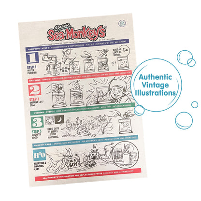 A piece of paper with instrustions for growing Sea-Monkeys and original 1970's illustrations. There is a callout in a circle that reads "Authenitc Vintage Illustrations"