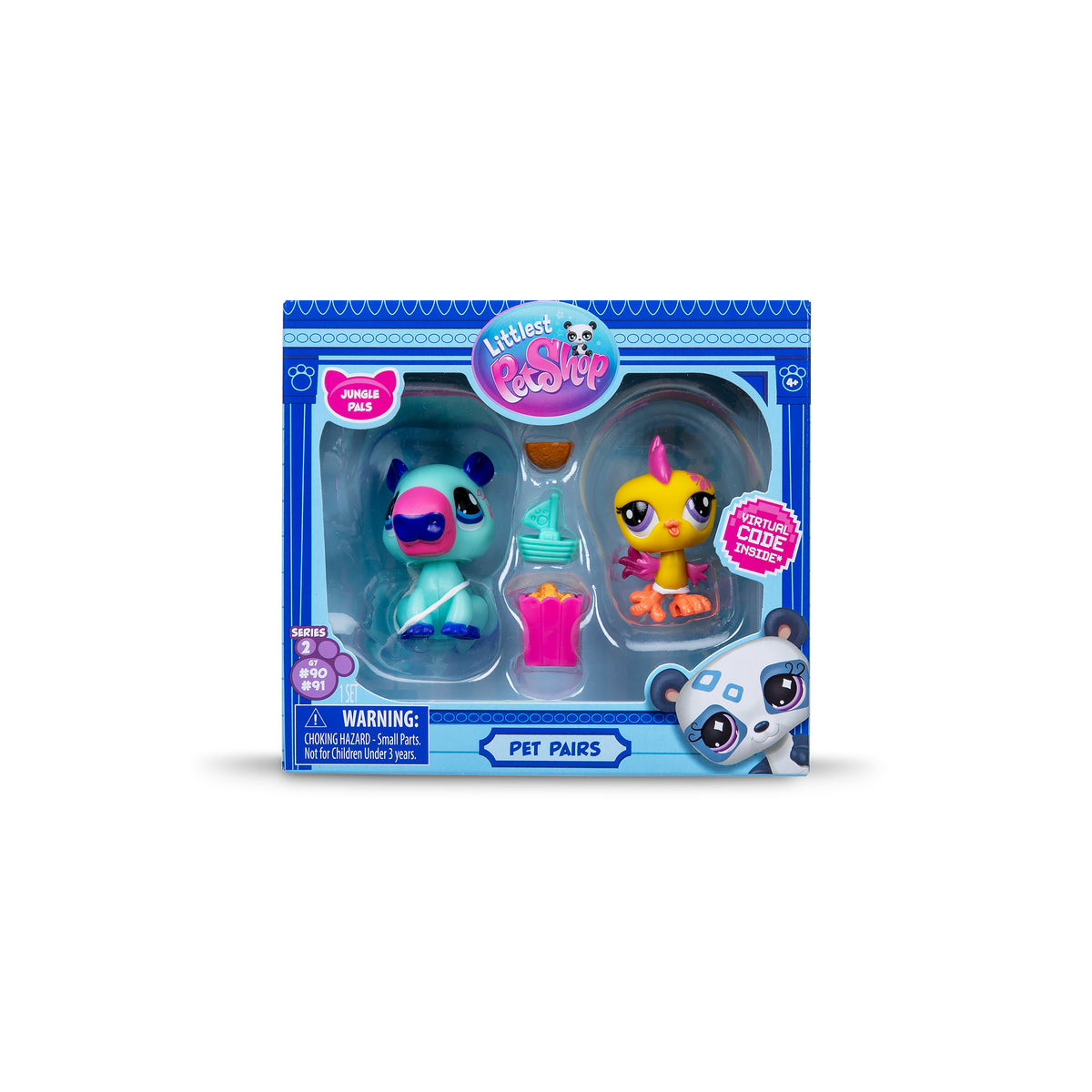 A Littlest Pet Shop "Pet Pairs" toy set in a blue box featuring a capybara figure and a rooster figure. Accessories include a coconut, toy boat, and popcorn. The packaging includes labels and a warning.