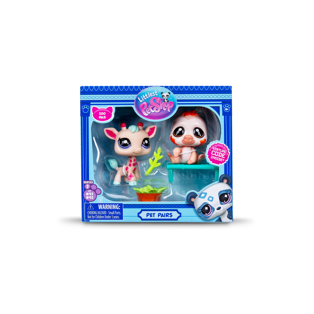 A Littlest Pet Shop "Pet Pairs" toy set in a blue box featuring a giraffe figure and a sloth figure. Accessories include a branch, plant, and shelf. The packaging includes labels and a warning.