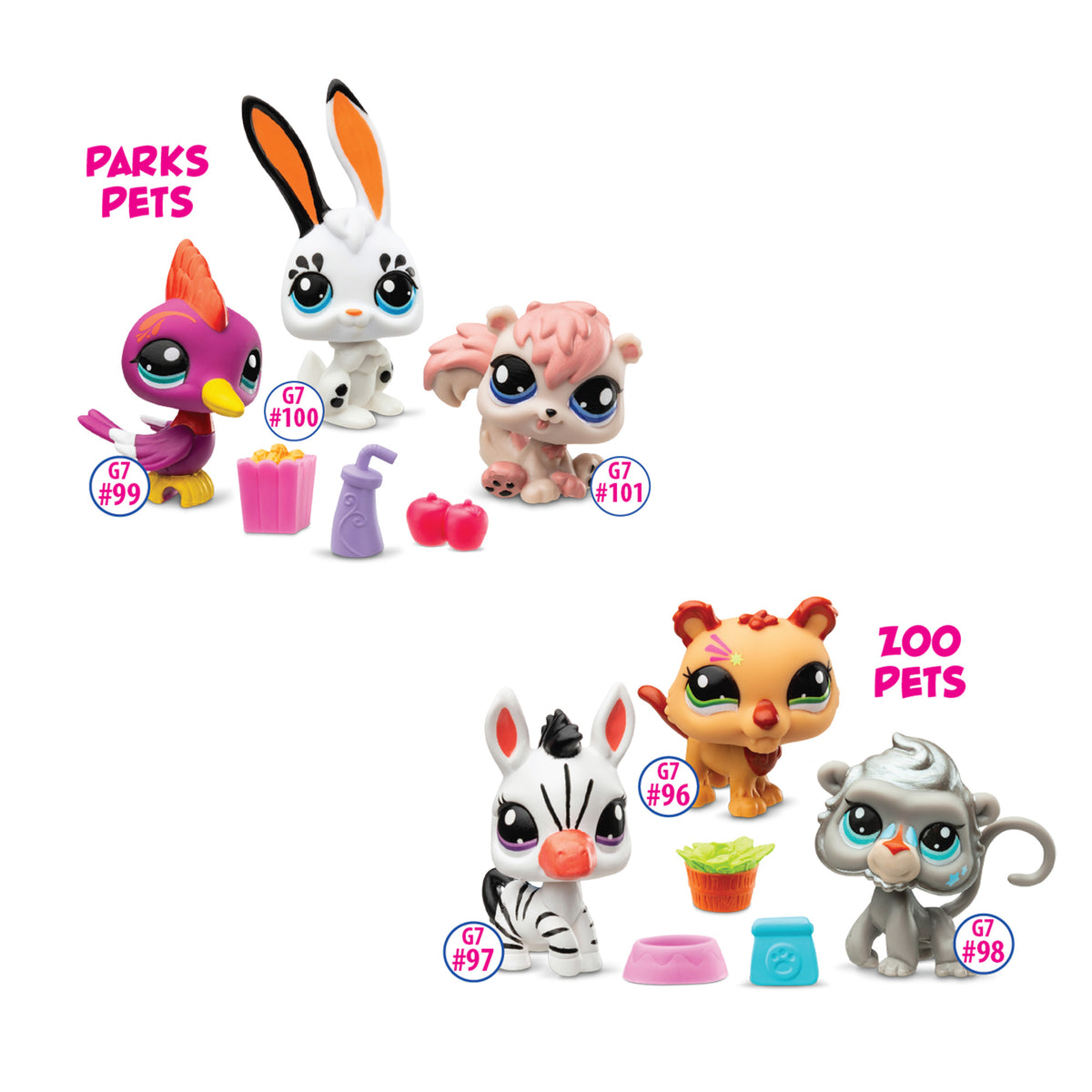 Two groups of Littlest Pet Shop toy figures against a white background. The 'Parks Pets' group on the top left includes a pink and yellow bird (#99) with a bucket of popcorn, a white rabbit (#100) with black and orange ears and a purple water bottle, and a pink and white squirrel (#101) with two apples. The 'Zoo Pets' group on the bottom right includes a white zebra (#97) with black stripes and a pink nose next to a bowl, an orange lion (#96) with a star on its face and a bucket of lettuce, and 