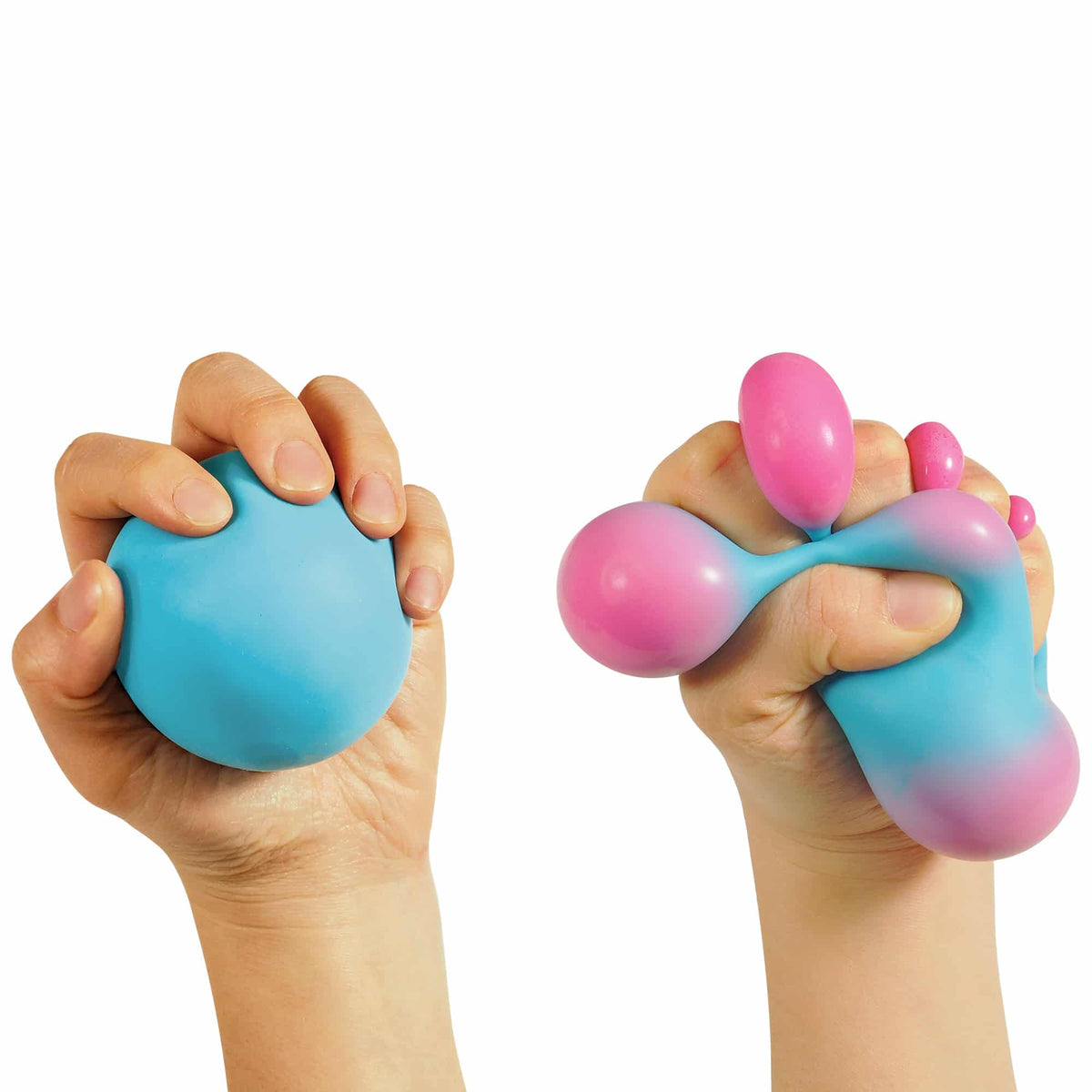 Hands squeezing Color Changing Nee Doh: Starts blue, turns to pink when squeezed