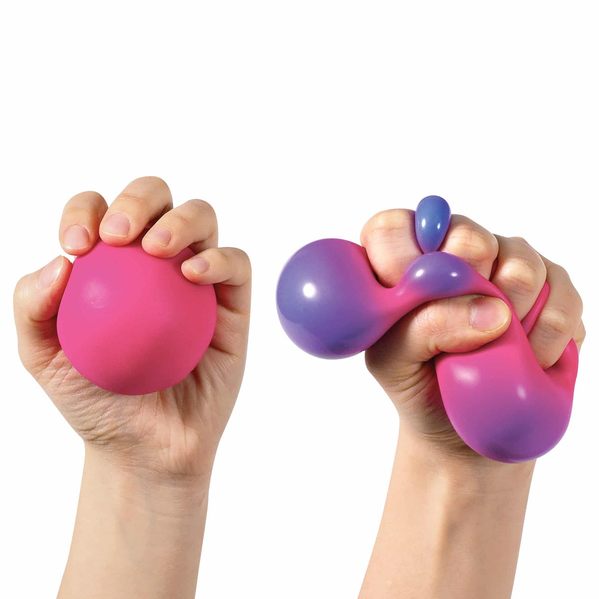 Hands squeezing Color Changing Nee Doh: Starts pink, turns to purple when squeezed