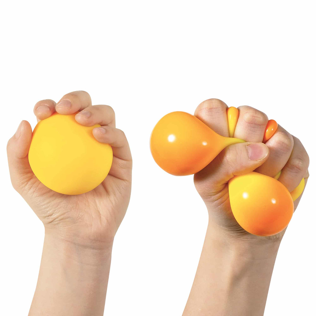 Hands squeezing Color Changing Nee Doh: Starts yellow, turns to orange when squeezed