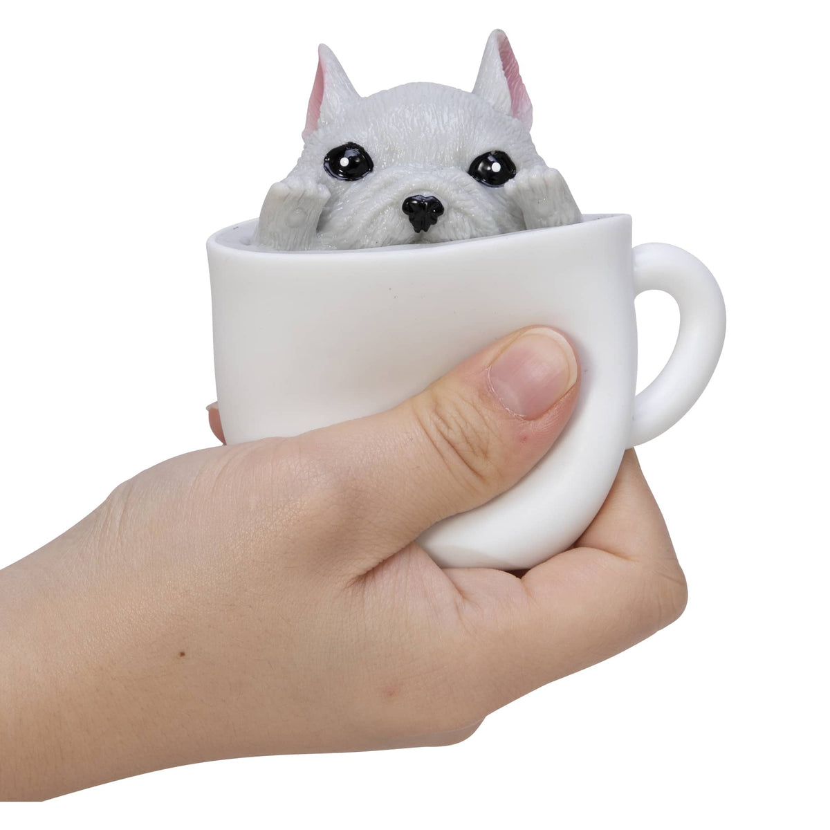 Pup in a Cup, squeezy Popper toy in hand with French Bull Dog popping out