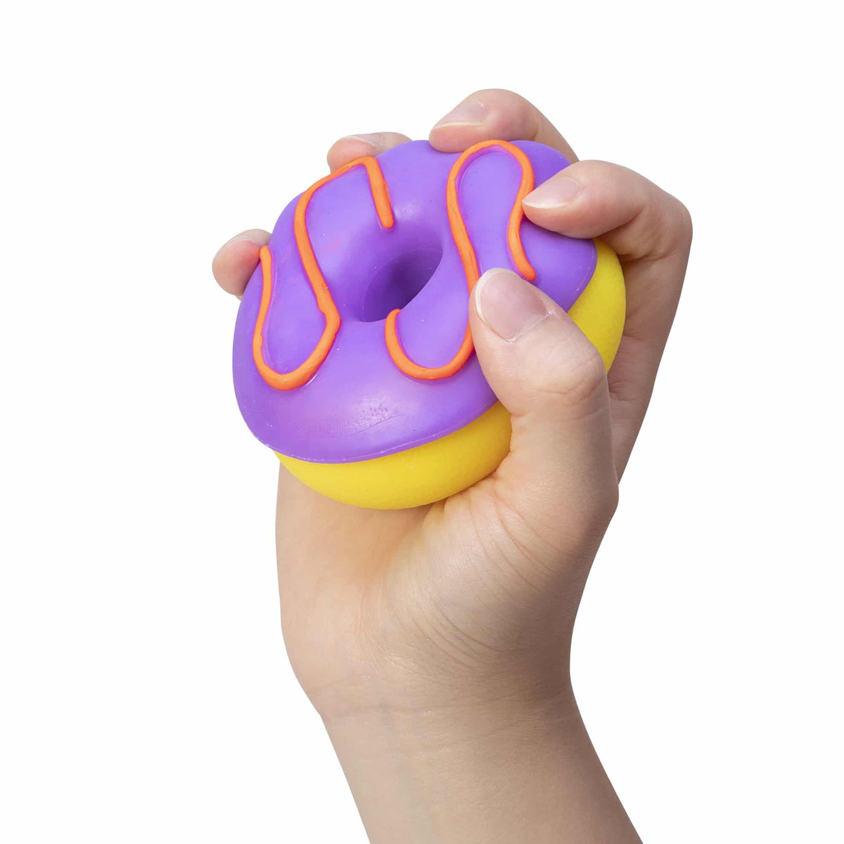 NeeDoh Dohnuts Yellow with Purple Frosting and Orange Icing in Hand