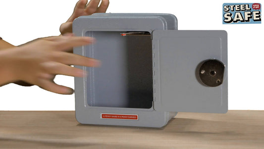 Grey steel safe with alarm front view video