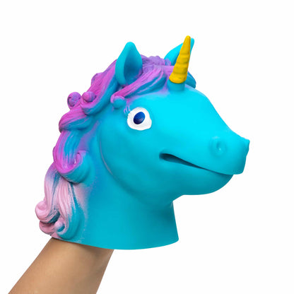 Unicorn Hand Puppet on hand blue